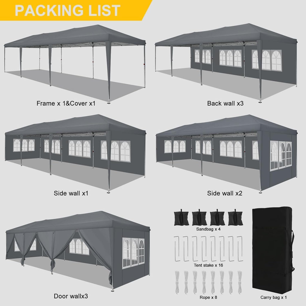 COBIZI 10x30 Pop Up Canopy with 8 Sidewalls for Parties Wedding Backyard, Waterproof Outdoor Commercial Event Shelter with Stakes, Ropes, Sandbags, Grey