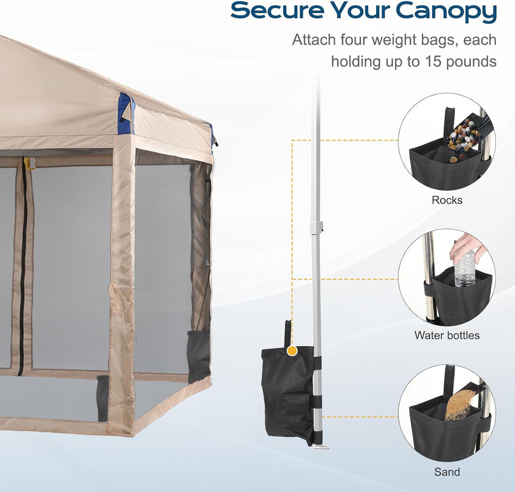 Aoodor 12x12 Ft Pop Up Canopy Tent with Netting, Water-Resistant 210D Oxford Fabric Shade, Easy Assembly Commercial Gazebo with Wheeled Carry Bag & 4 Sand Bags for Camping, Party, Khaki