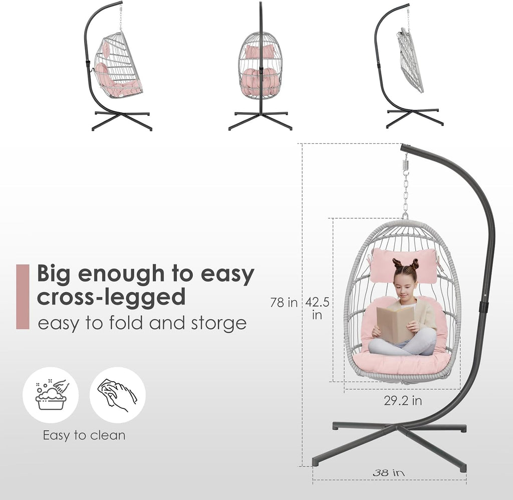 Brafab Pink Egg Chair with Stand Indoor Outdoor Swing Egg Chair, Patio Wicker Hanging Chair with Stand Hammock Egg Chairs with UV Resistant Cushion and Aluminum Steel Frame for Bedroom Balcony Garden