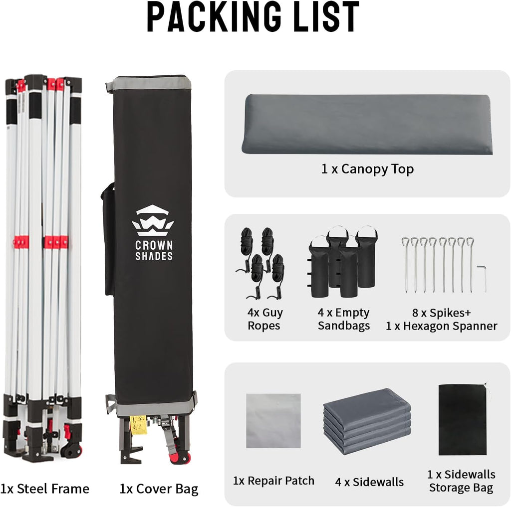 CROWN SHADES 10X10 Commercial Instant Canopy Pop Up Tent with Center Lock, 300D Fabric, 4 Sidewalls, Sto'N Go Bag, Grey
