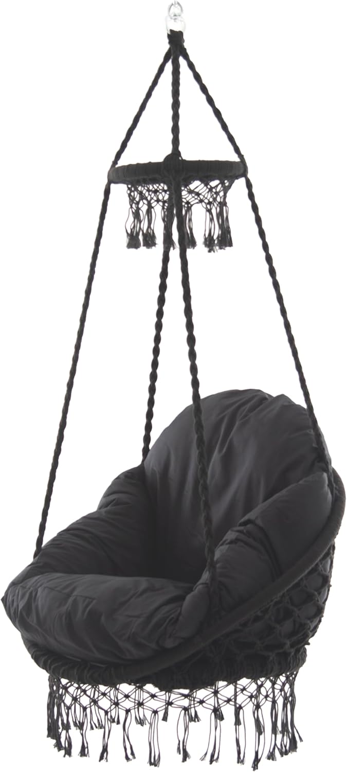 Vivere Deluxe Polyester Macrame Chair with Plush Cushion and Fringe (Eclipse)