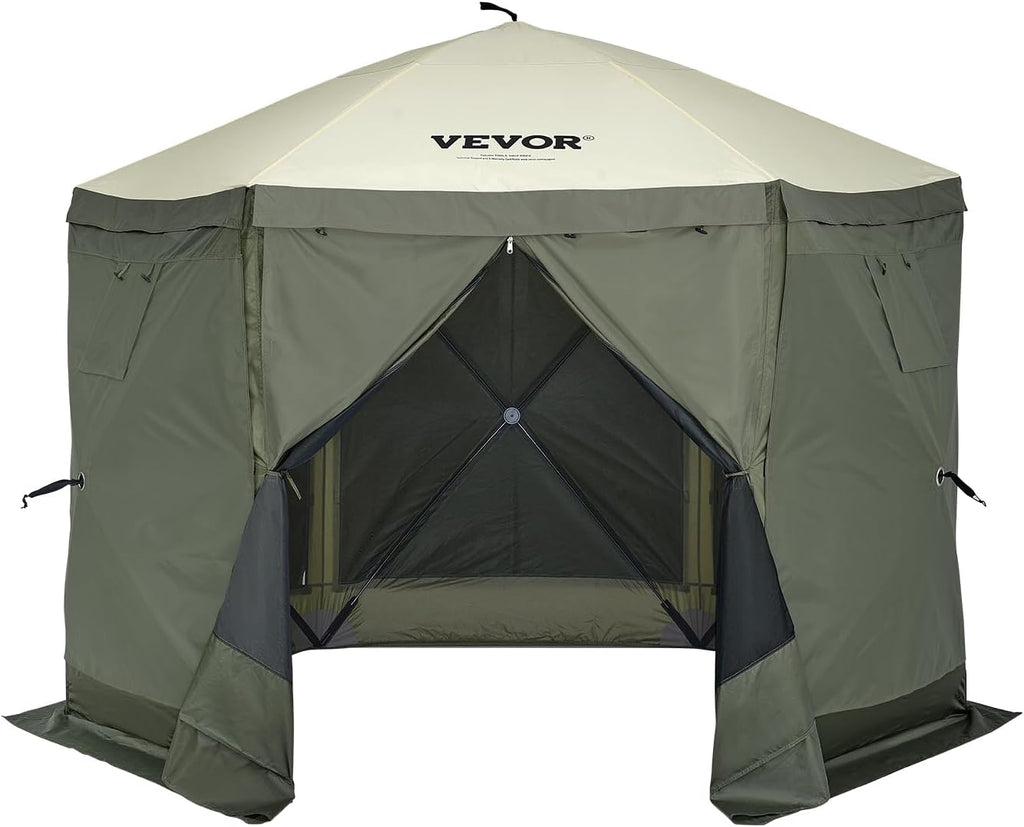 VEVOR Pop Up Gazebo Screen Tent 6 Sided Canopy Sun Shelter with 6 Removable Privacy Wind Cloths & Mesh Windows, 10x10FT Quick Set Screen Tent with Mosquito Netting, Army Green