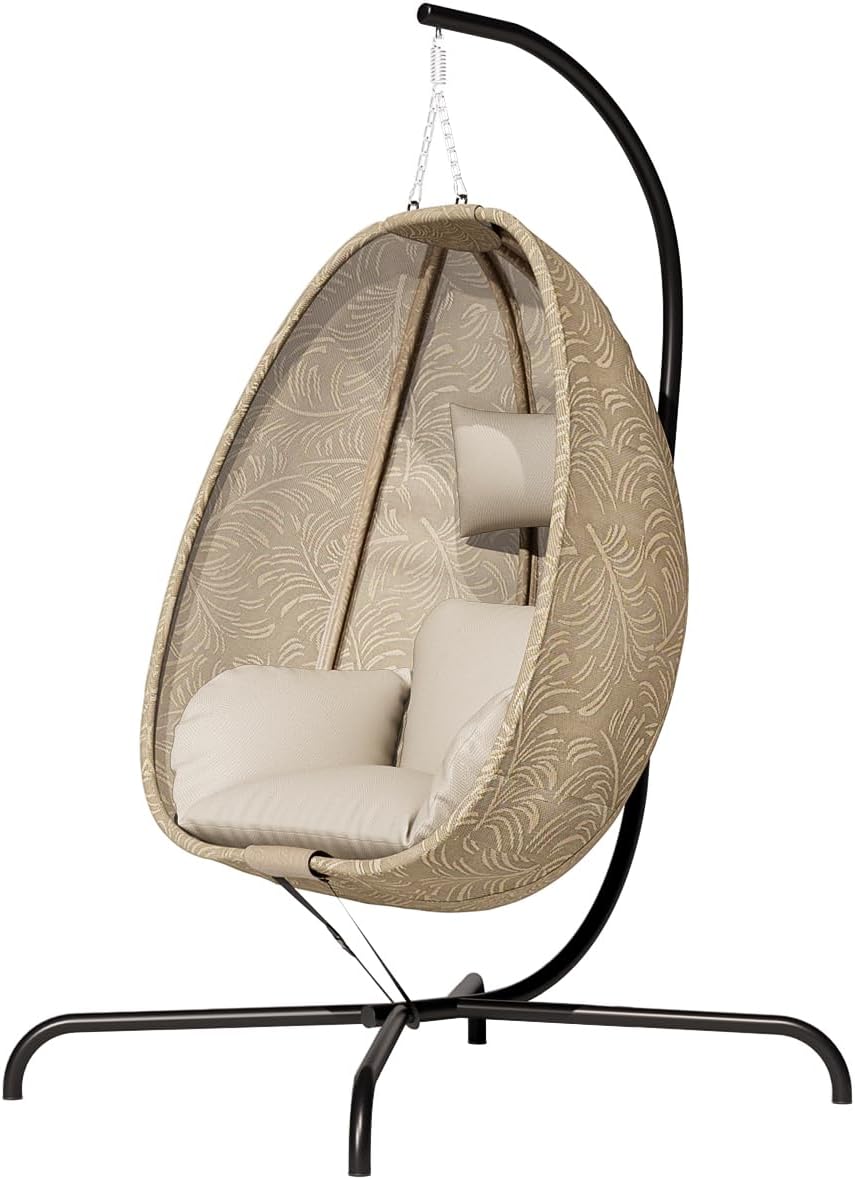 ALAULM Foldable Egg Chair with Stand, 485LBS Capacity Textilene Hammock Swing Chair for Outdoor & Indoor, Patio Hanging Chair with Strong Frame & UV Resistant Cushion for Balcony, Bedroom, Cream/D1