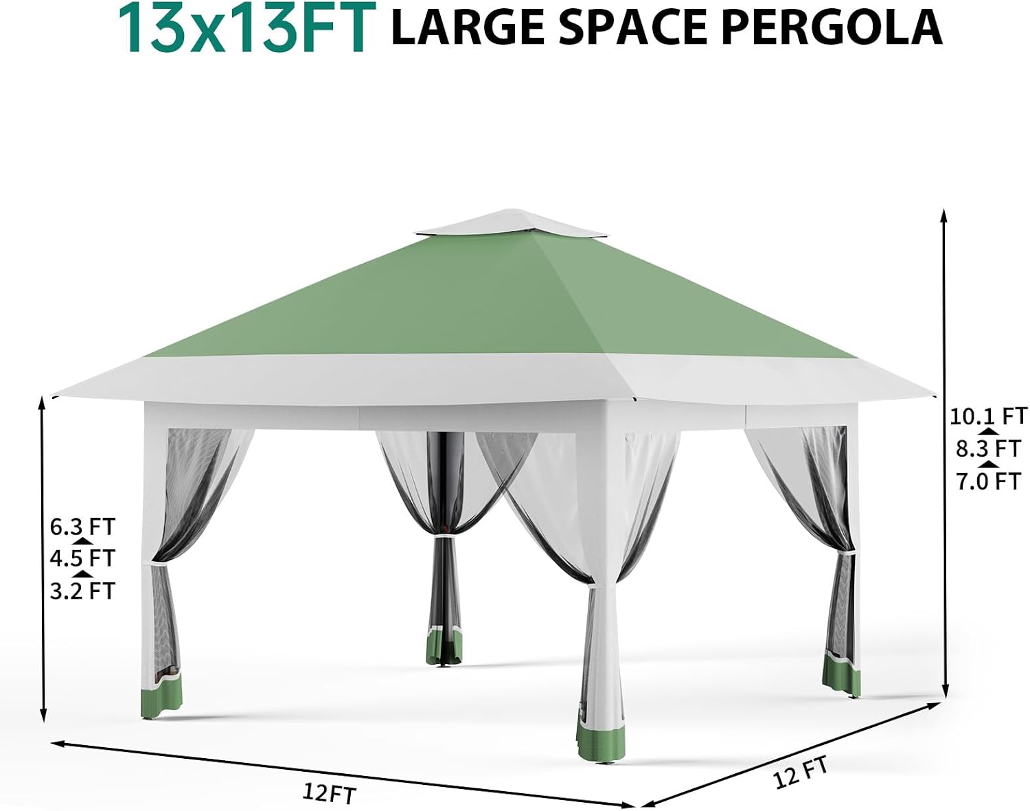 13x13FT Pop Up Gazebo with Mosquito Netting, Outdoor Canopy Tent with Double Roof, Folding Gazebo for Patio, Backyard, Garden, Camping, Party, Wedding, Adjustable Height Green