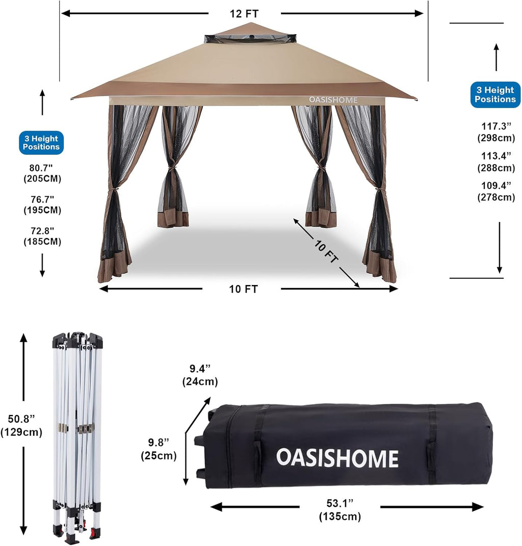 OASISHOME Pop-up Gazebo Portable Instant Canopy Tent 12x12, One-Push Locking System, with 4 Mesh Sidewall, Wheeled Bag, for Patio/Backyard/Outdoor/Parties/Events (Khaki,12FTx12FT)