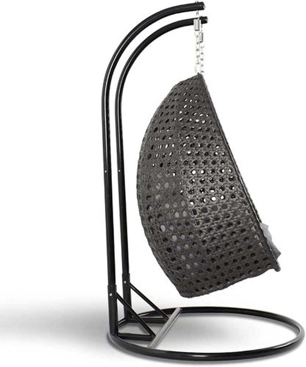 LeisureMod 2 Person Wicker Egg Chair Outdoor Indoor Bedroom Patio Hanging Lounge Swing Hammock Chairs with Black Stand and UV Resistant Cushions (Charcoal Blue)