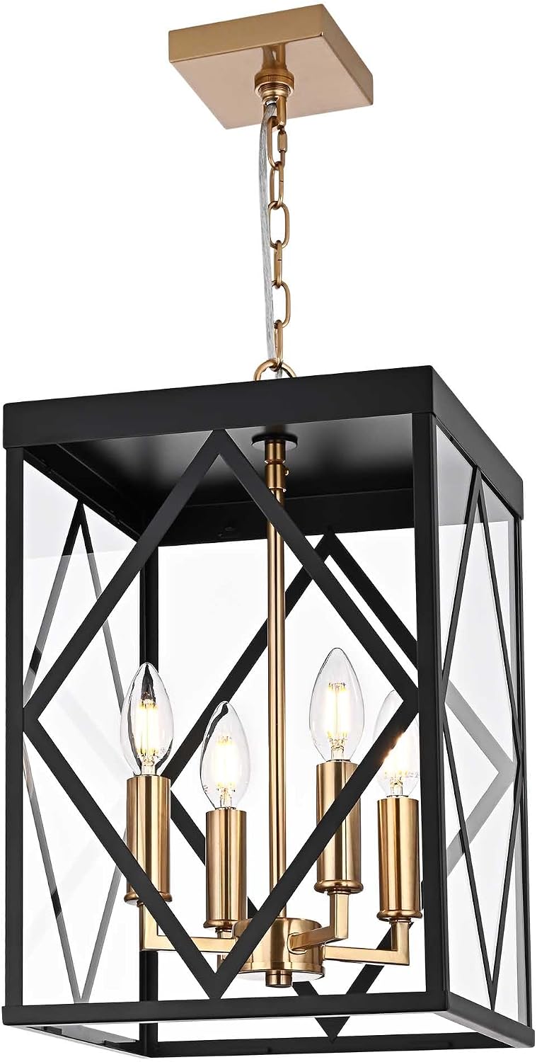 Outdoor Pendant Light for Porch, 4-Light Modern Metal Exterior Hanging Lantern Pendant Light Outside Chandelier Black with Clear Glass or Front Porch Entrance Foyer Entryway, Brass Socket