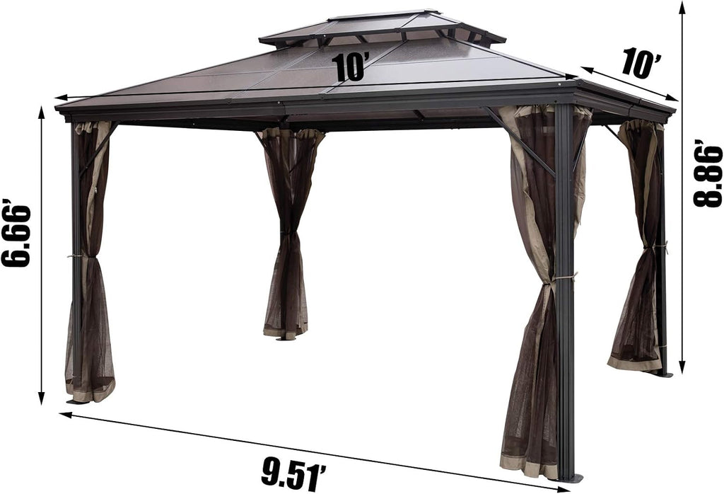 Happybuy Polycarbonate Hardtop Roof Gazebo 10' x 10' with Netting - Metal Gazebo Aluminum Permanent Double Tier Roof- Gazebos for Patios, Backyard, Outdoor and Lawn