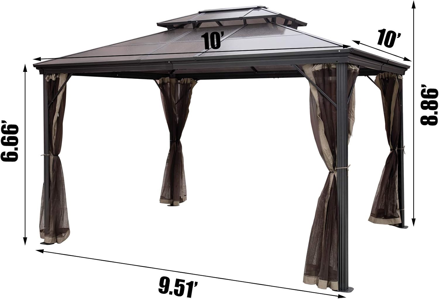 Happybuy Polycarbonate Hardtop Roof Gazebo 10' x 10' with Netting - Metal Gazebo Aluminum Permanent Double Tier Roof- Gazebos for Patios, Backyard, Outdoor and Lawn