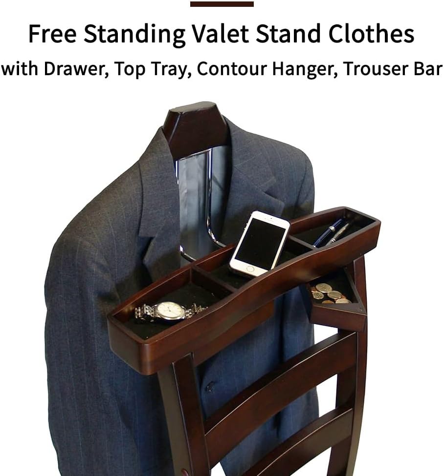 Chair Valet With Drawer Wooden Suit Valet Stand With Contour Hanger Trouser Bar And Top Storage Tray Freestanding Clothes Rack For Men And Women Clothing Organizer For Office Hotel(Dark Brown A)