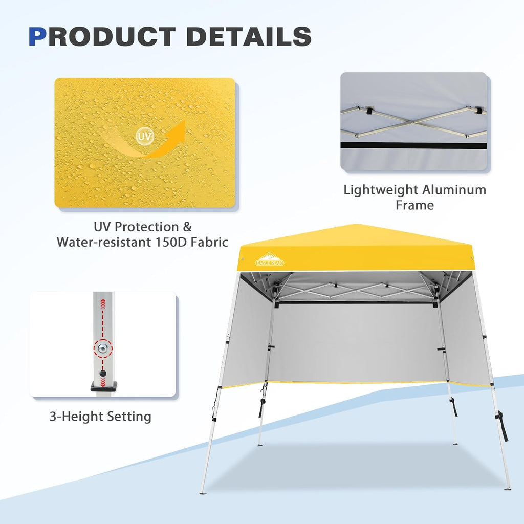 EAGLE PEAK Day Tripper 8x8 Aluminum Super-Lightweight Slant Leg Pop Up Canopy with 3 Removable Walls, Instant Outdoor Backpack Canopy Tent, Outside Beach Folding Sun Shelter, 8x8 Base 6x6 Top, Yellow