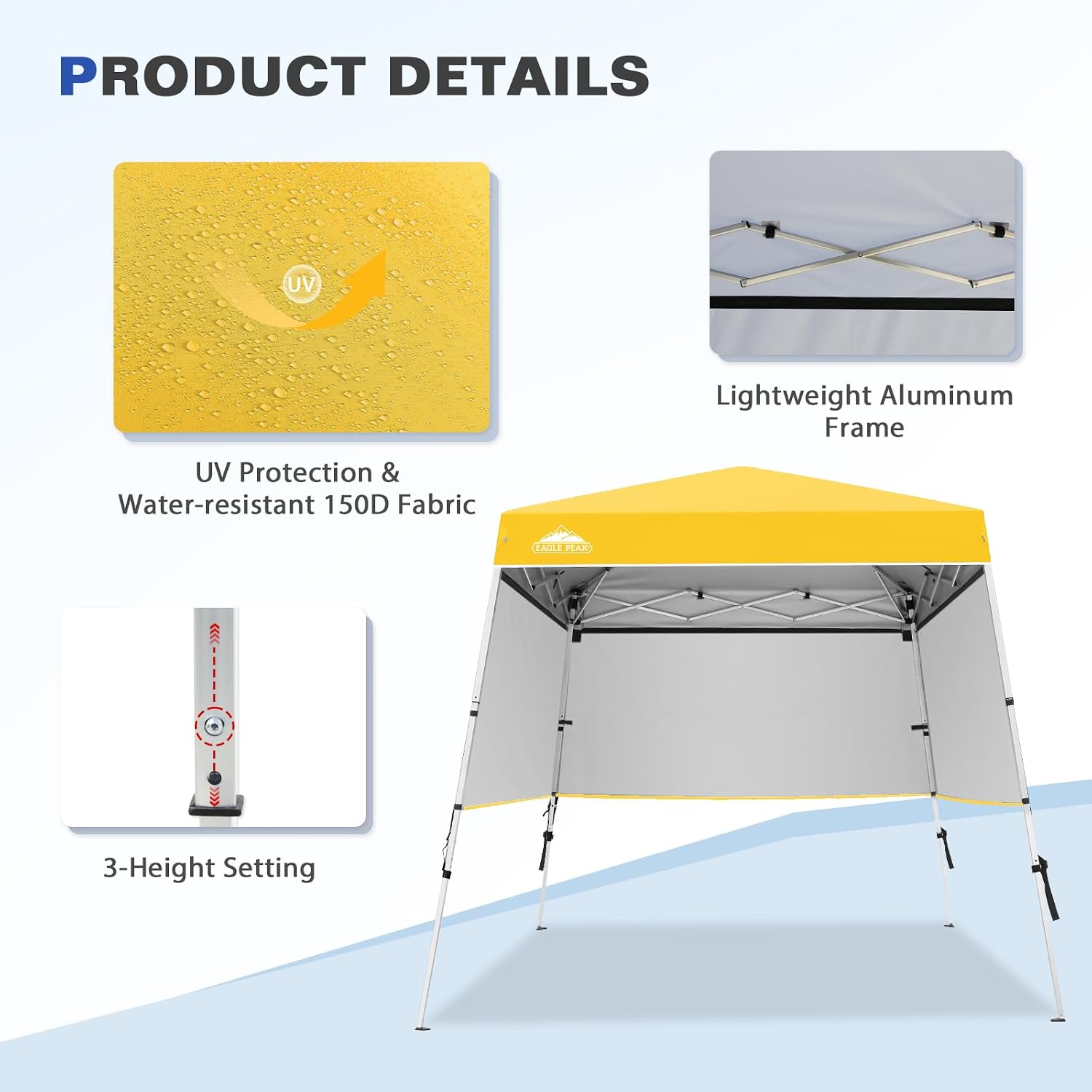 EAGLE PEAK Day Tripper 8x8 Aluminum Super-Lightweight Slant Leg Pop Up Canopy with 3 Removable Walls, Instant Outdoor Backpack Canopy Tent, Outside Beach Folding Sun Shelter, 8x8 Base 6x6 Top, Yellow
