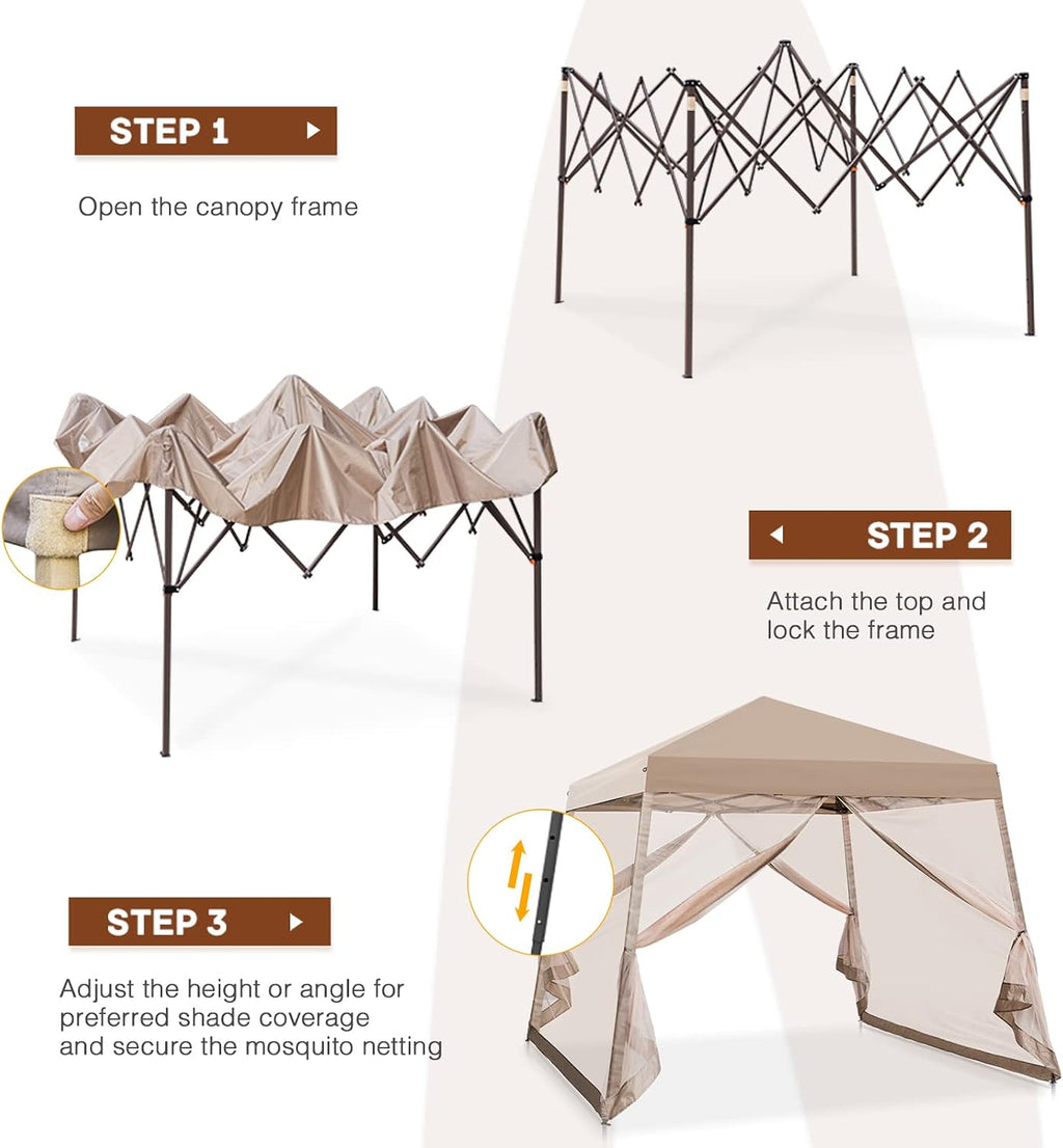 10x10 Pop Up Canopy Tent, Slant Leg Instant Screened Gazebo with Mesh Walls, UV Protection, Water Resistant, Beige