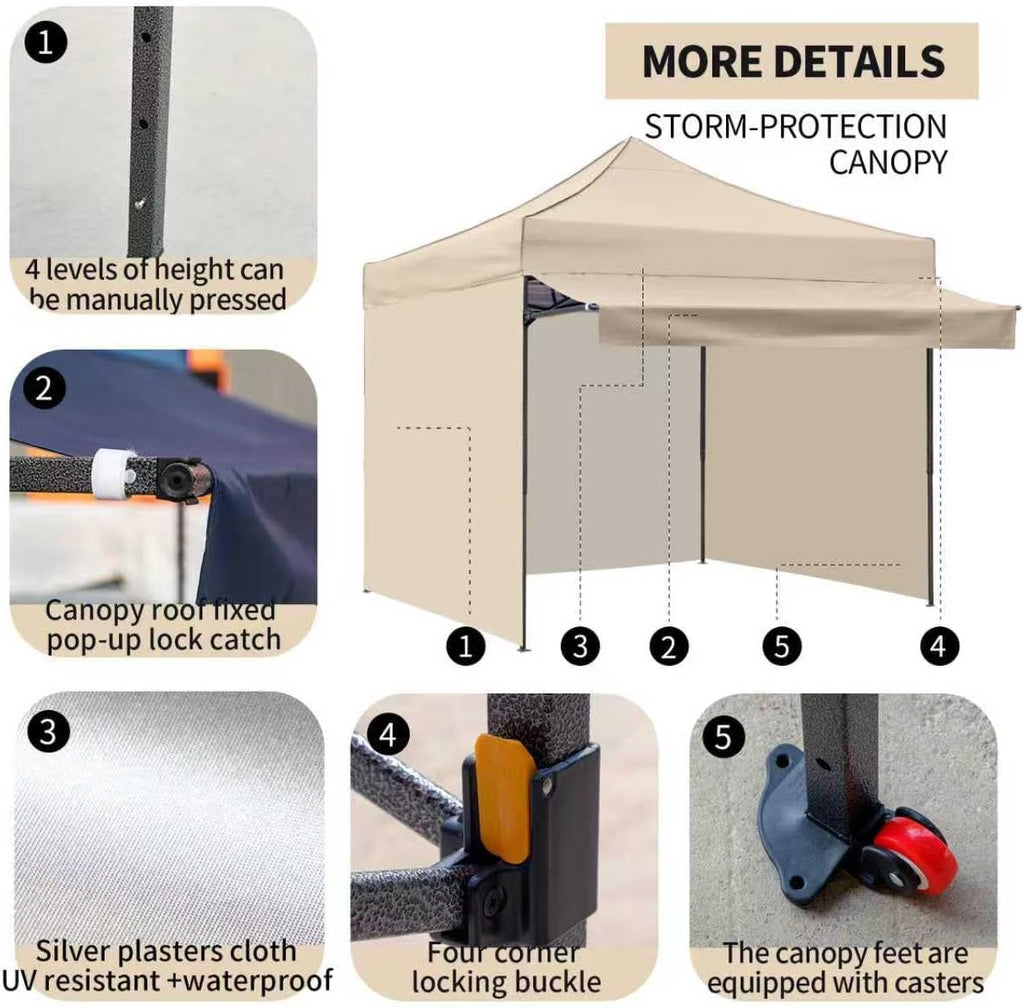 10x10 Pop up Canopy Tent with Awning Easy up Canopy with Wheel Bag Heavy Duty Waterproof Canopy Commercial Gazebo Tent for Outdoors Parties Vendors (Khaki)