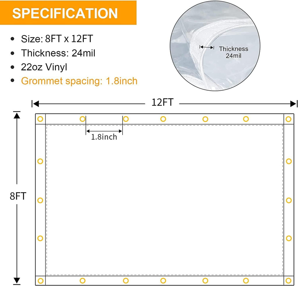 8 x 12FT Outdoor Clear Tarp Curtain Waterproof Wind-Proof 24 Mil Transparent Vinyl Tarp for Patio Pergola Garden Canopy Rainproof Anti-Tear PVC Thick Cover with Grommets