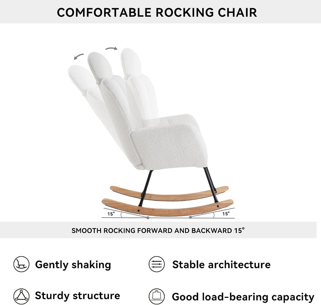 FOXHUNTER Rocking Chair Nursery with Thick Headrest, Upholstered Reading Glider Rocker Accent Armchair with High Backrest Rocker Recliner Chair for Adult Living Room Bedroom, Teddy Ivory