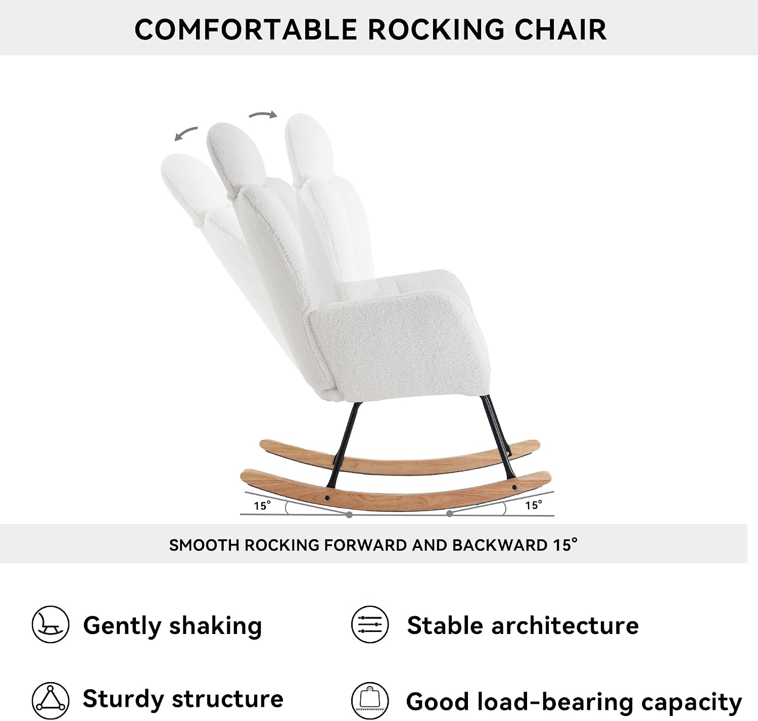 FOXHUNTER Rocking Chair Nursery with Thick Headrest, Upholstered Reading Glider Rocker Accent Armchair with High Backrest Rocker Recliner Chair for Adult Living Room Bedroom, Teddy Ivory
