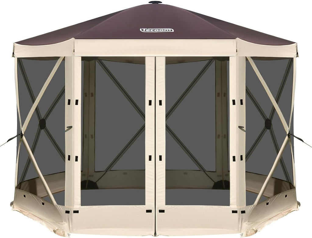 Tecoom 6-Sided Pop Up Gazebo Tent, Screen House with Mosquito Netting Canopy for Camping, 10x10ft Portable Sun Shelter Removable Siedwalls for Outdoor, Garden, Activities, Khaki