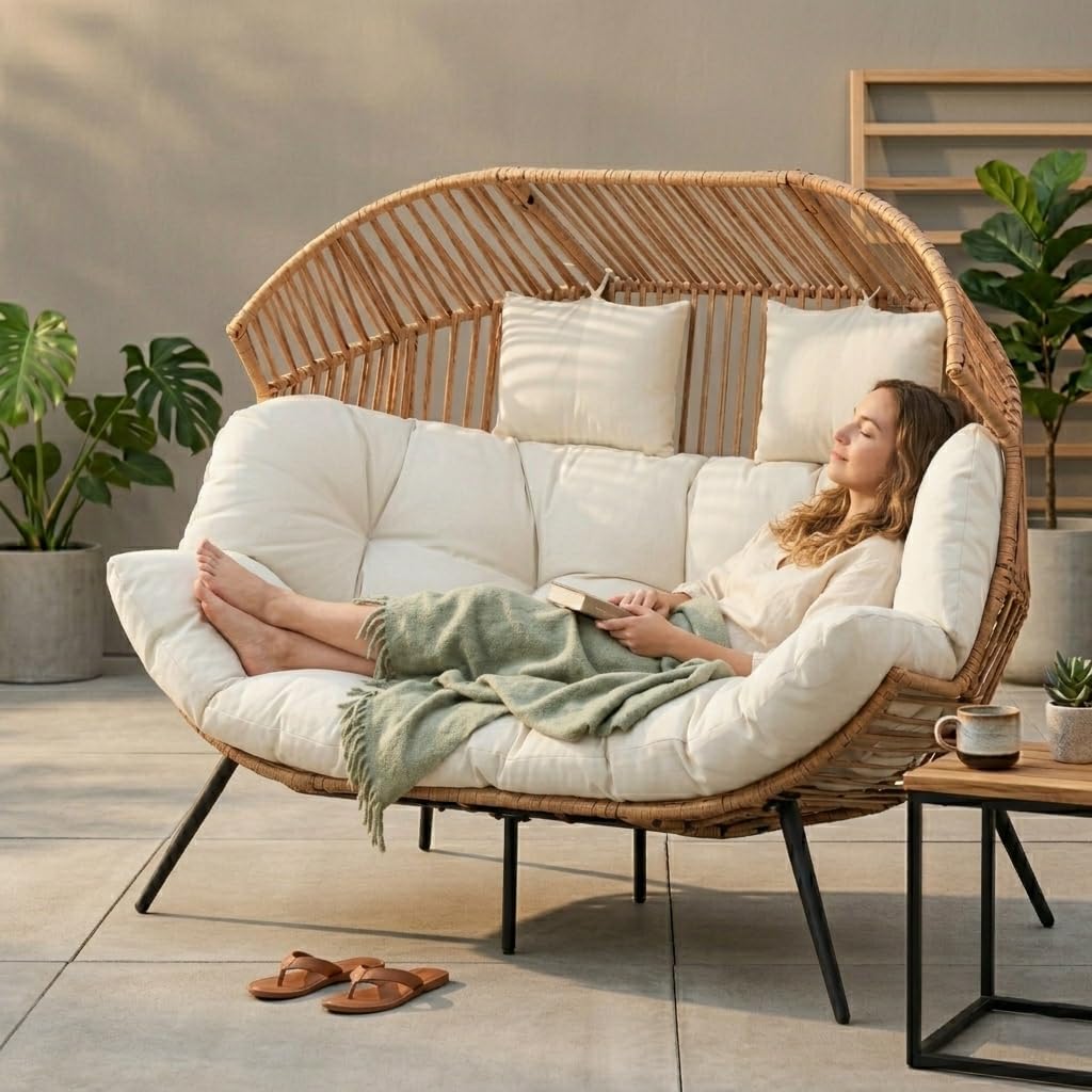 Shintenchi Double Egg Chair Outdoor Rattan Patio Chair with Cushion, Oversized 2 Person Patio Lounge Chairs with Cushion Egg Basket Chair, Egg Seat Indoor Living Room Bedroom Patio Backyard Balcony