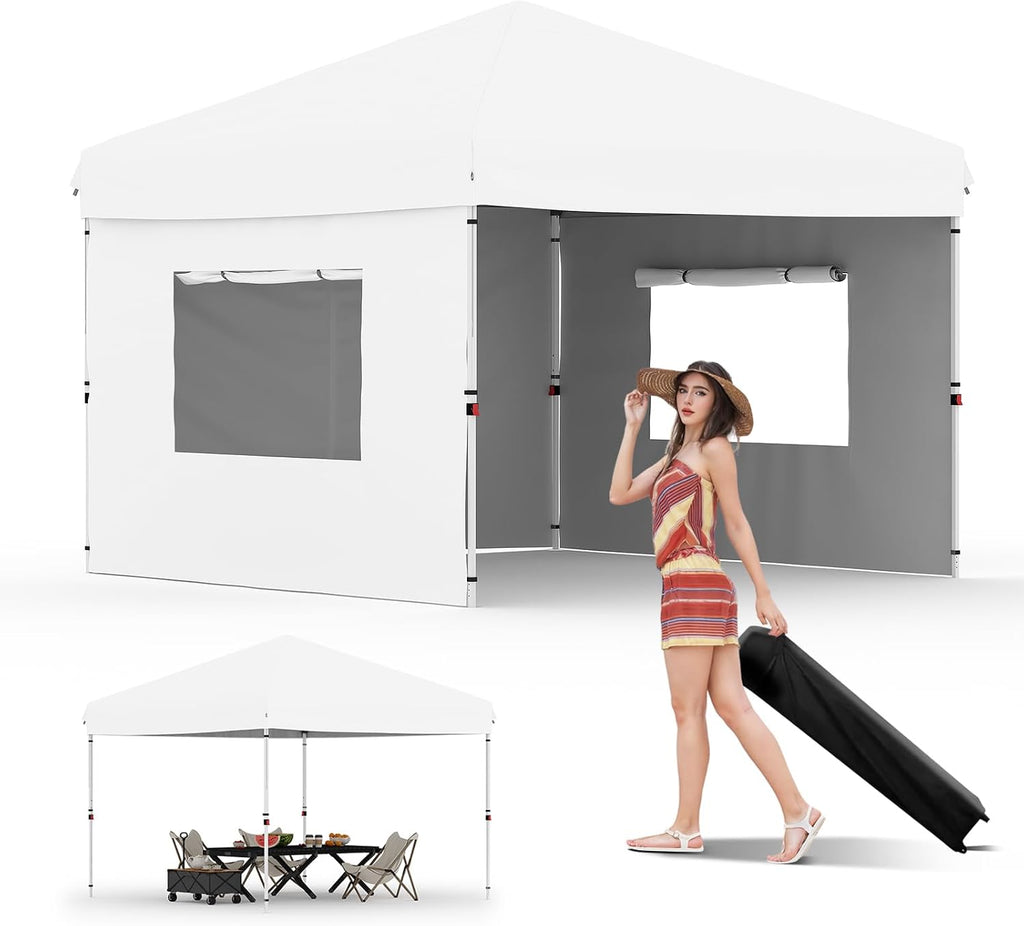 10x10FT Instant Pop Up Canopy Tent with 3 Side Walls, Heavy Duty Canopy Set, Waterproof and UV Protected Tailgate Tent for Outdoor Events (White)