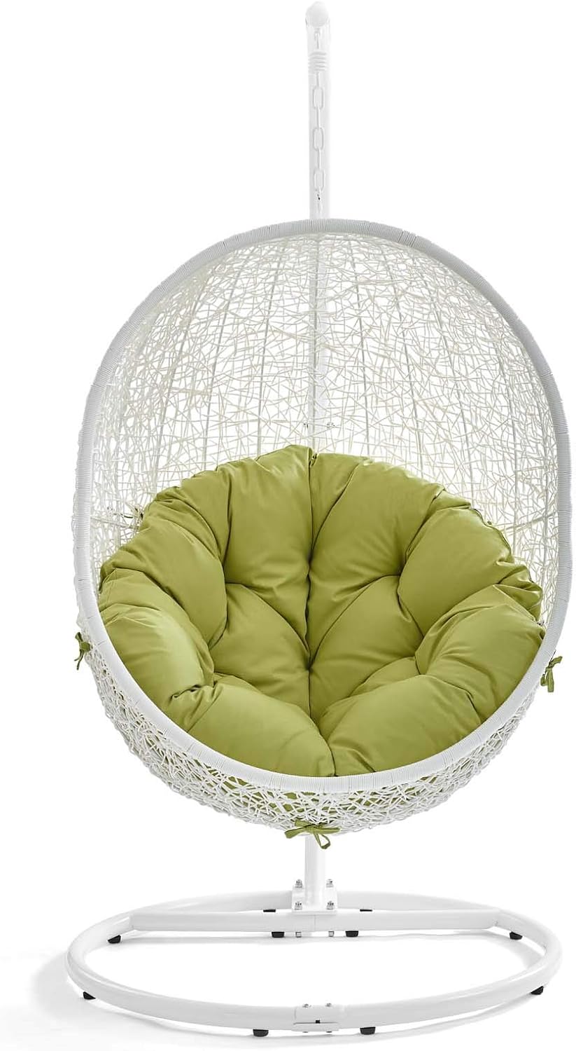 Modway Hide Wicker Rattan Outdoor Patio Porch Lounge Egg Swing Chair Set with Stand in White Peridot