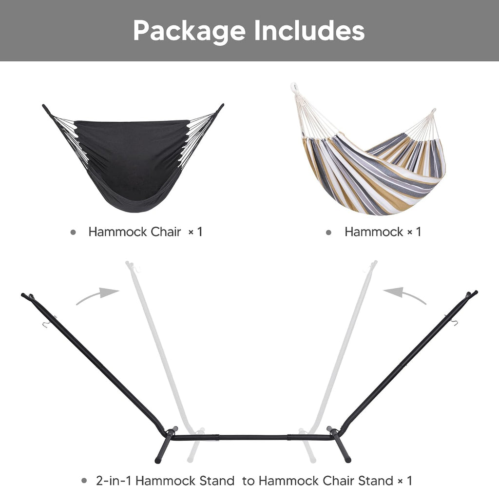 SUNCREAT 2-in-1 Convertible Double Hammocks 2 Person Heavy Duty, Large Patio Hammock with Space Saving Stand, Patented, Coffee Stripe