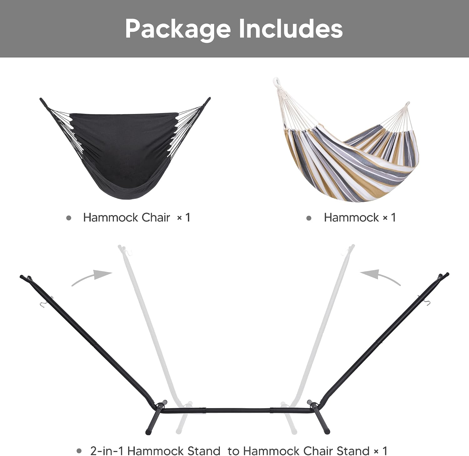 SUNCREAT 2-in-1 Convertible Double Hammocks 2 Person Heavy Duty, Large Patio Hammock with Space Saving Stand, Patented, Coffee Stripe
