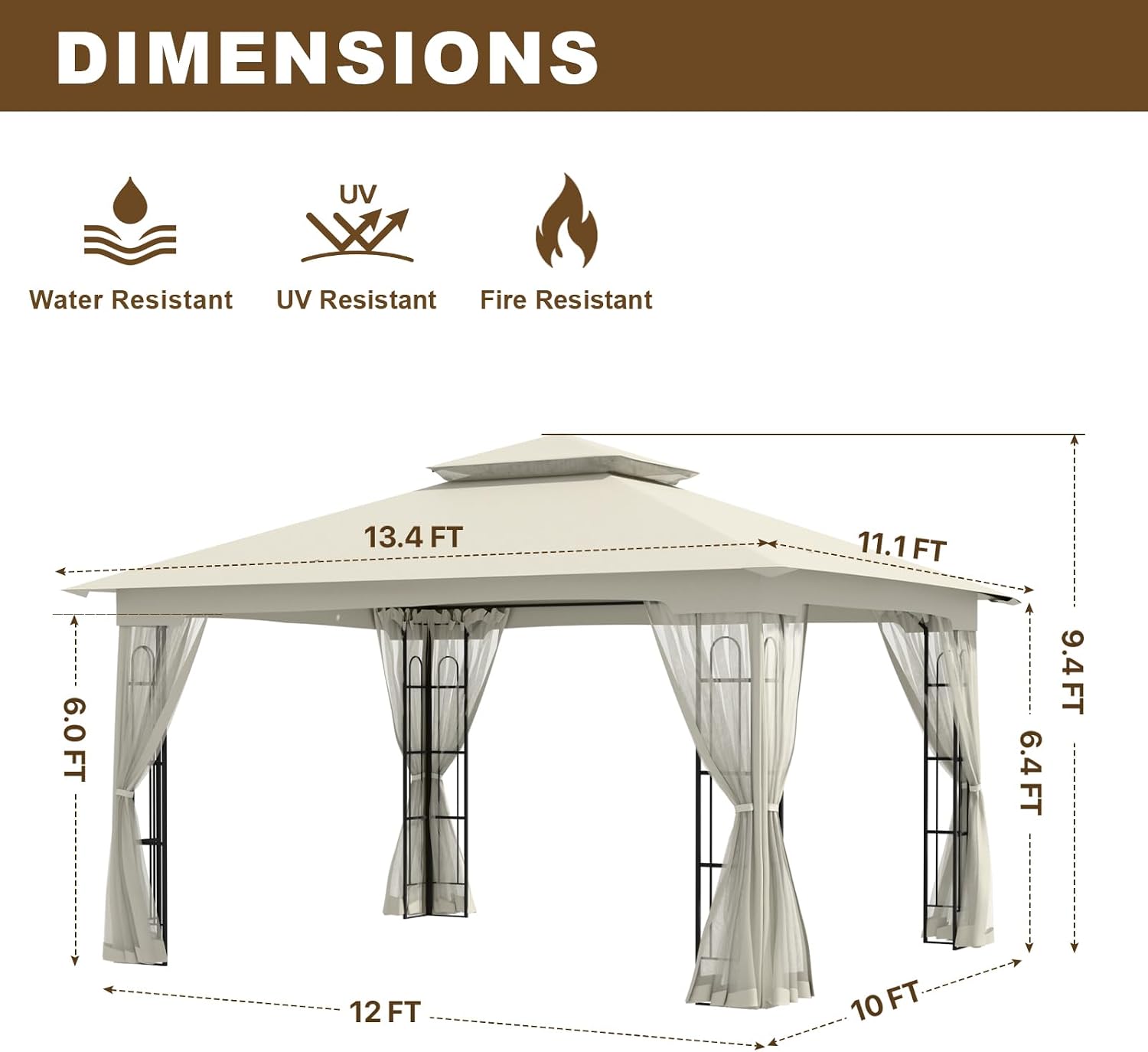10x12 Outdoor Gazebo Tent with Netting, Double Roof Patio Gazebo with Soft Fabric Top, Outdoor Pavilion for Backyard Patio Garden Lawn, Beige