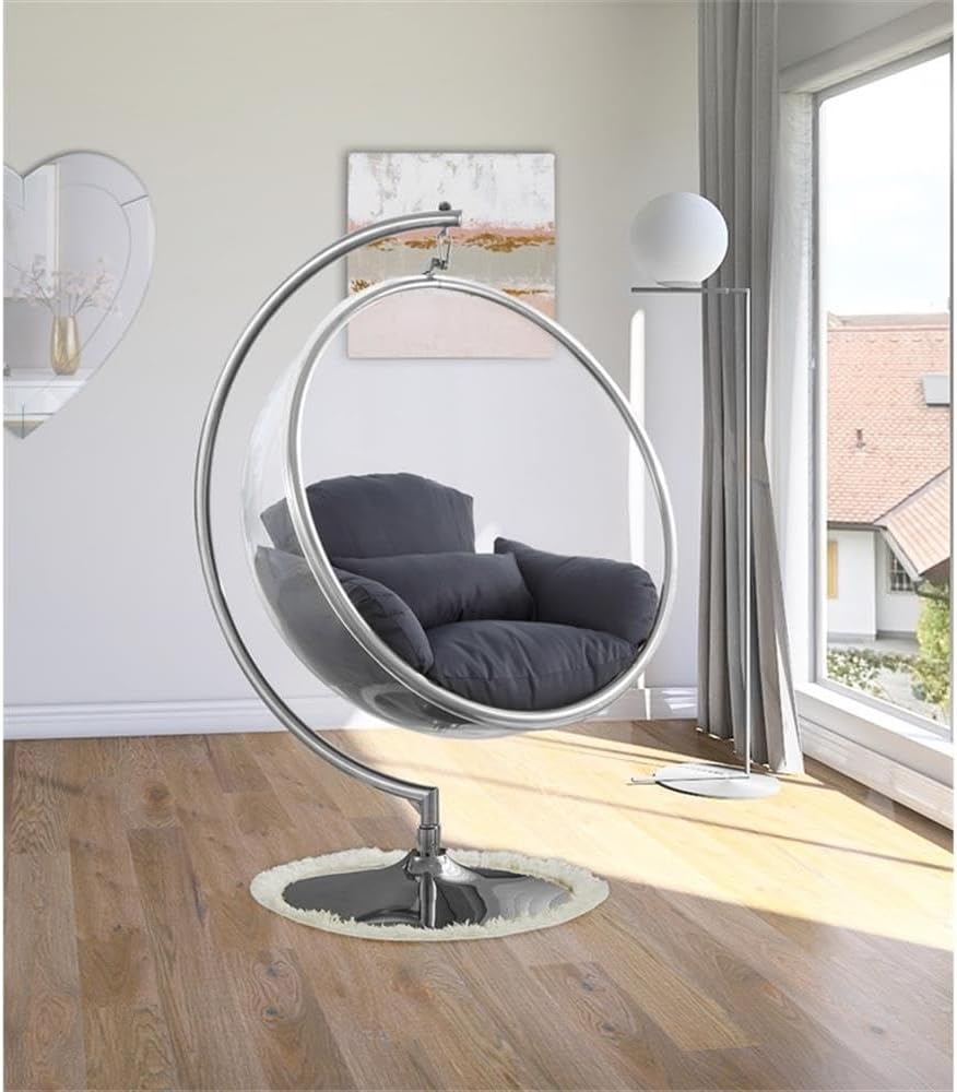 Meridian Furniture 507Grey Luna Collection Modern | Contemporary Clear Acrylic Accent Swing Chair with Durable Metal Base and Fabric Seat, Grey, Chrome Finish, 41.5' W x 29.5' D x 64' H