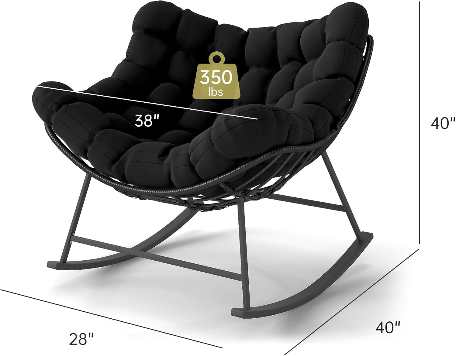 Kromax Oversized Outdoor Papasan Rocking Chair, Wicker Egg Chair Rocker for Outside, Comfy Patio Rocker, Large Indoor Rocking Recliner, Modern Egg Style, Black