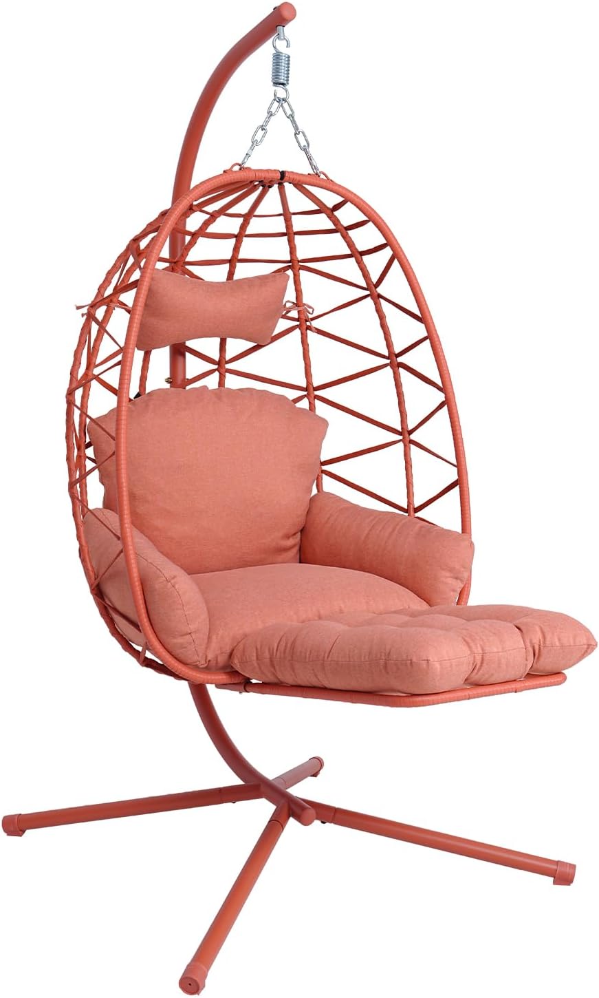 Hanging Egg Chair with Stand & Leg Rest,Rattan Wicker Swing Chair with Cushion,Patio Basket Hanging Chair Wicker Hammock Chair for Indoor Outdoor Bedroom Garden,300LBS (Orange-Red Rattan&Cushion)