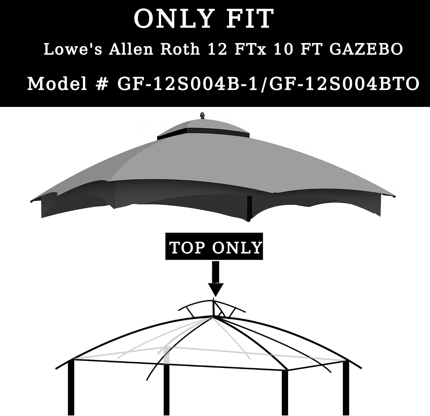 10x12 Ft Outdoor Patio Gazebo Replacement Canopy for Lowe's Allen Roth 10x12 Gazebo #GF-12S004B-1, Double Tiered Roof Top Cover, UV Protection & Waterproof Fabric, Grey (Frame Not Included)