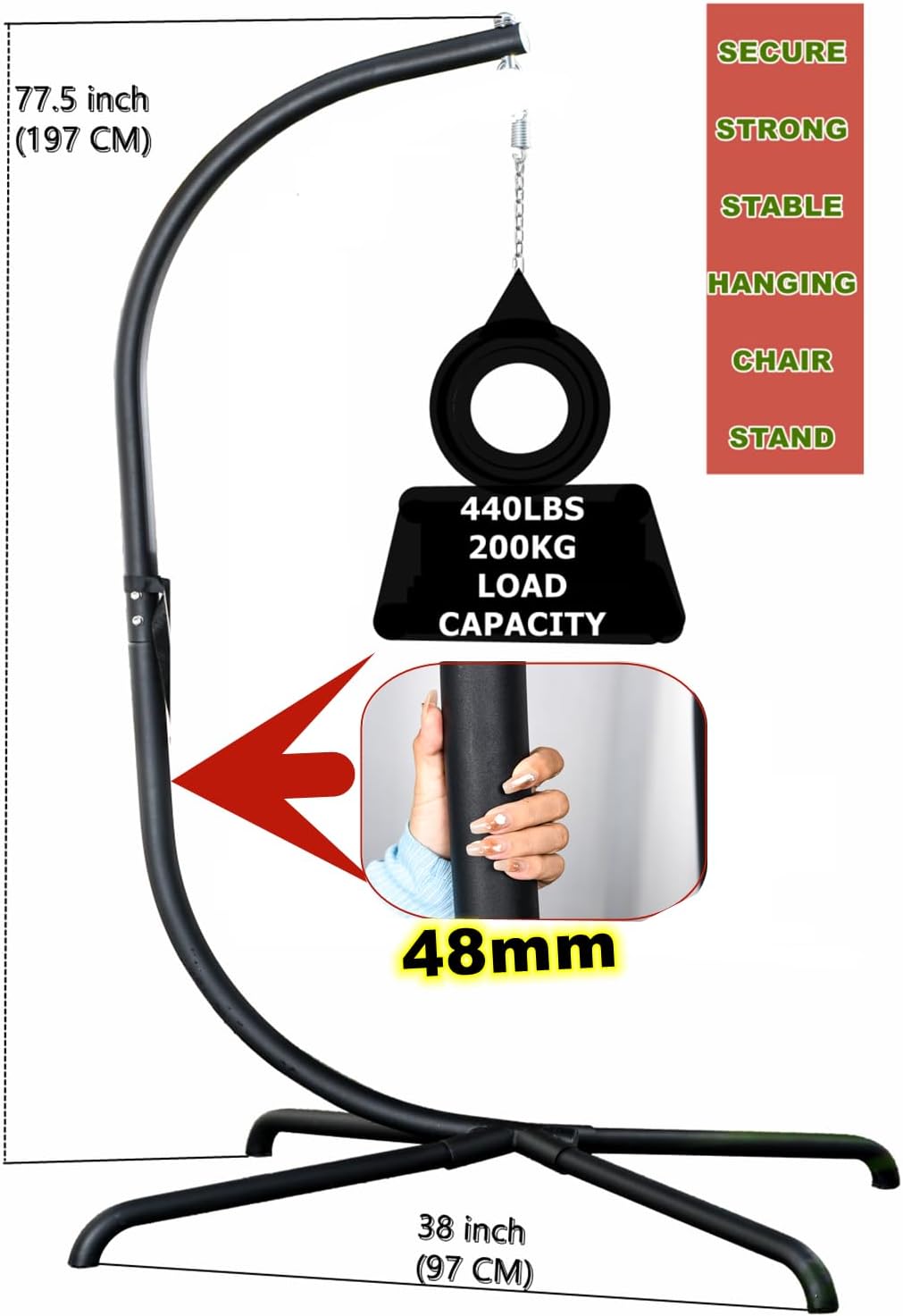 Hanging Egg Chair Stand Only, Hammock Chair C-Stand with Hanging Chain, Snap Hook, Pin Plug, Spring for Patio Macrame Hammock Swinging Chair 440lbs Capacity (Black)