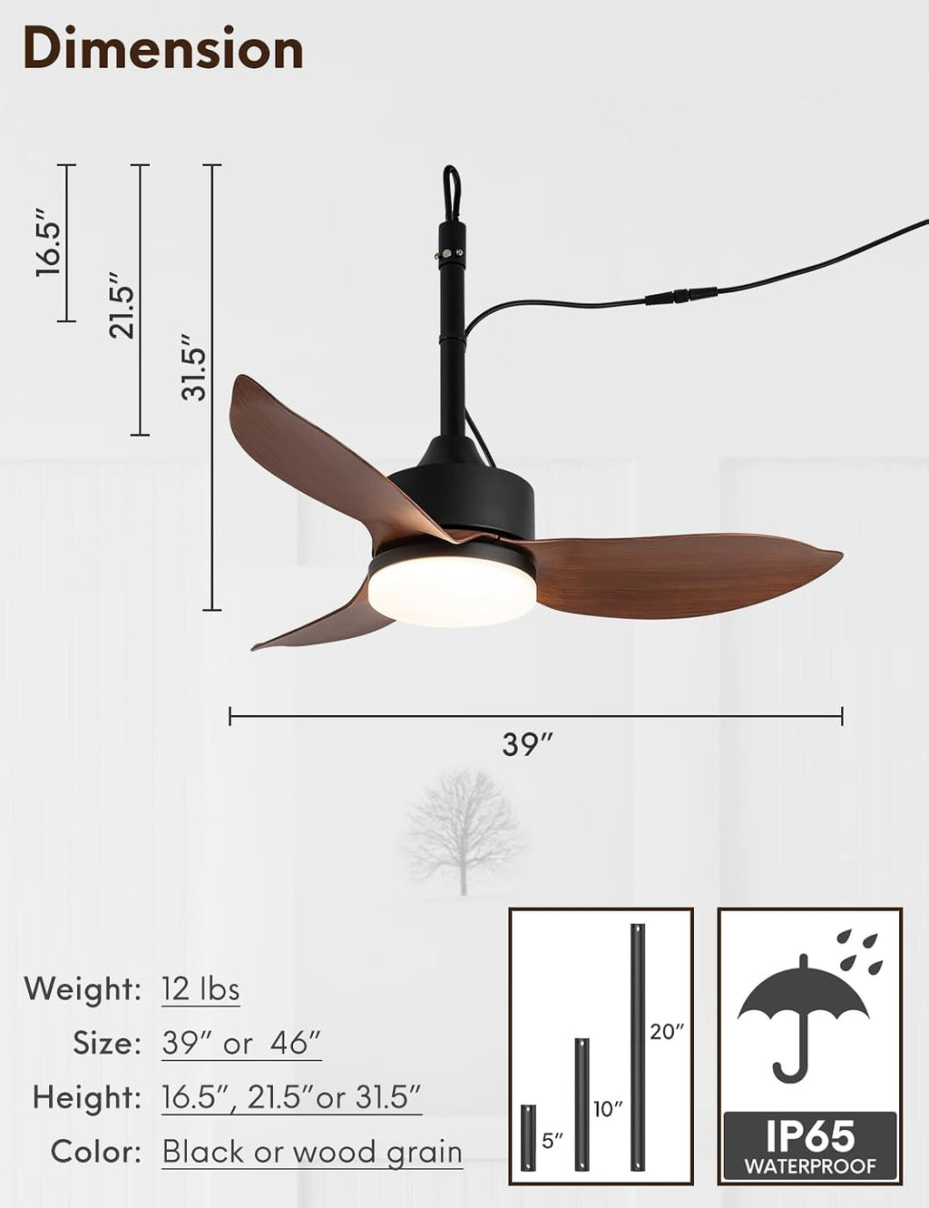 EKIZNSN 39' IP65 Waterproof Outdoor Gazebo Fan, Plug-In Wet Rated Ceiling Fan for Patios Pergola Garage Outside Porch, Brown