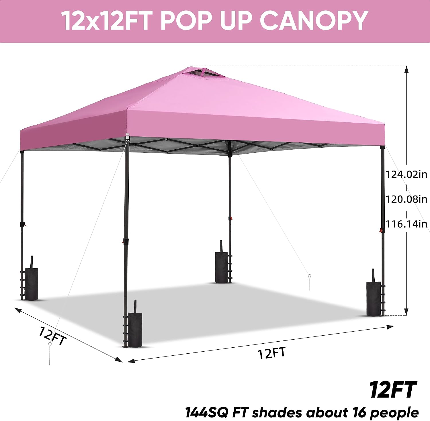 GDY 12x12 Pop Up Canopy Patio Carpas, One Push Set up with Central Lock Canopy with Wheeled Carry Bag, Included 4 Sandbaogs,8 Stakes and 4 Ropes, Pink