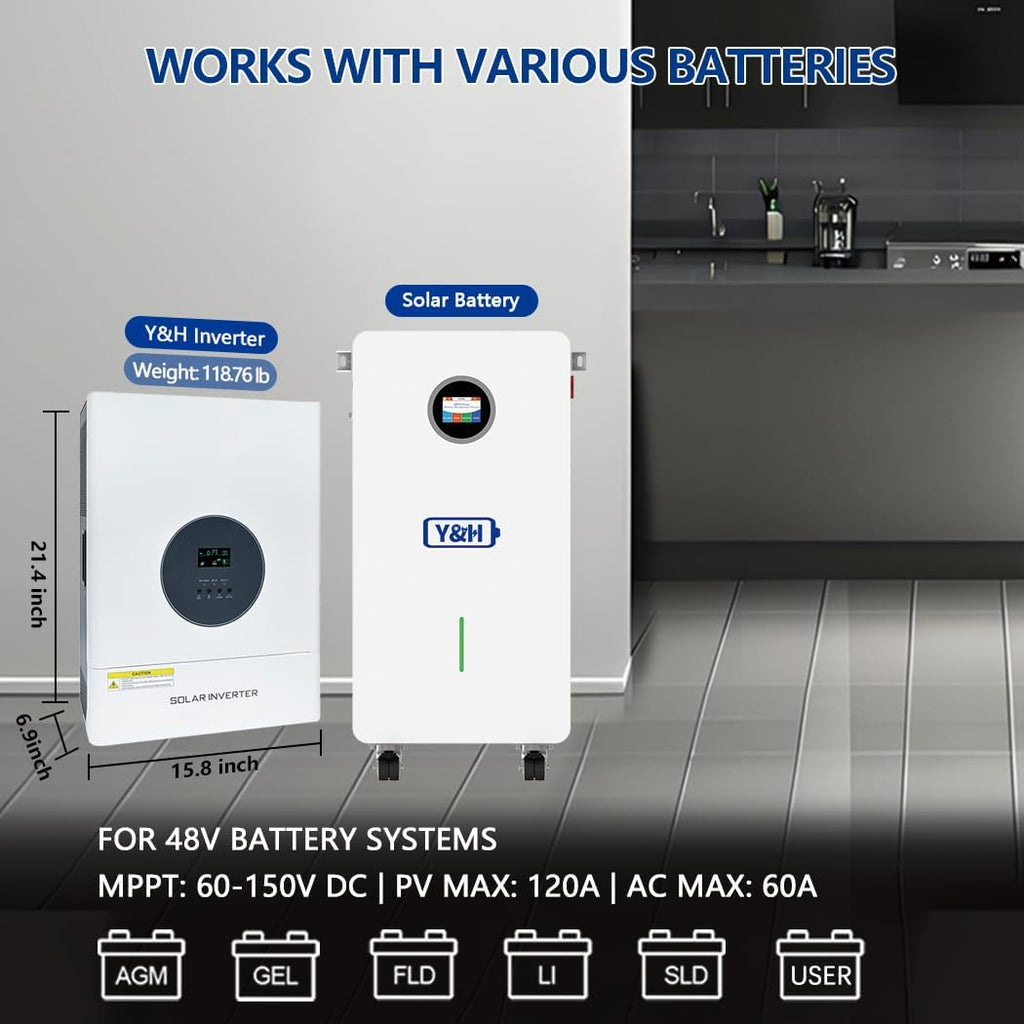 Y&H 10000W Solar Inverter 48V to 120V/240V Split-Phase Mains-Frequency Hybrid Inverter, 30000W Surge Power, Dual 120A MPPT Controllers, Solar & AC Dual Input,Off-Grid Home & Commercial Backup System