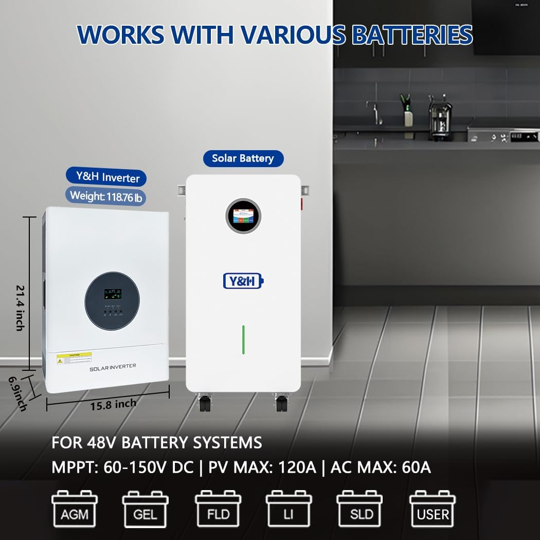 Y&H 10000W Solar Inverter 48V to 120V/240V Split-Phase Mains-Frequency Hybrid Inverter, 30000W Surge Power, Dual 120A MPPT Controllers, Solar & AC Dual Input,Off-Grid Home & Commercial Backup System