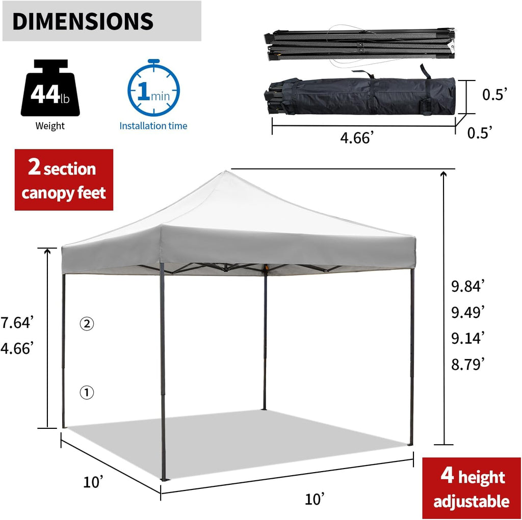 10x10 Pop up Canopy Tent with Awning Easy up Canopy with Wheel Bag Heavy Duty Waterproof Canopy Commercial Gazebo Tent for Outdoors Parties Vendors (Light Grey)