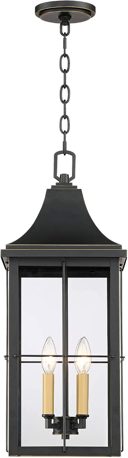 John Timberland Sunderland Traditional Outdoor Hanging Ceiling Light Fixture Black Warm Gold 24 3/4' Clear Glass Panels Exterior House Porch Patio Outside Deck Garage Front Door Garden Home Gazebo