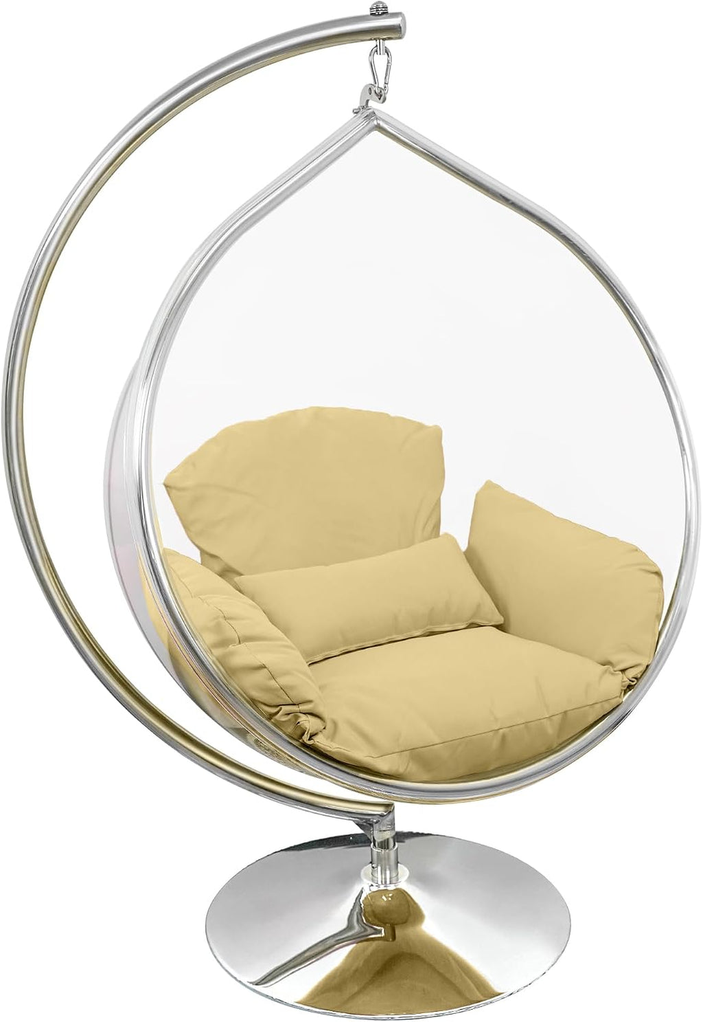 Hanging Chair - Transparent Acrylic Bubble, Waterdrop Shape, Indoor Swing Chair with Gold/Chrome Stand, Durable Fabric Cushion - Luxury Accent for Living Room, Bedroom (Chrome/Beige)