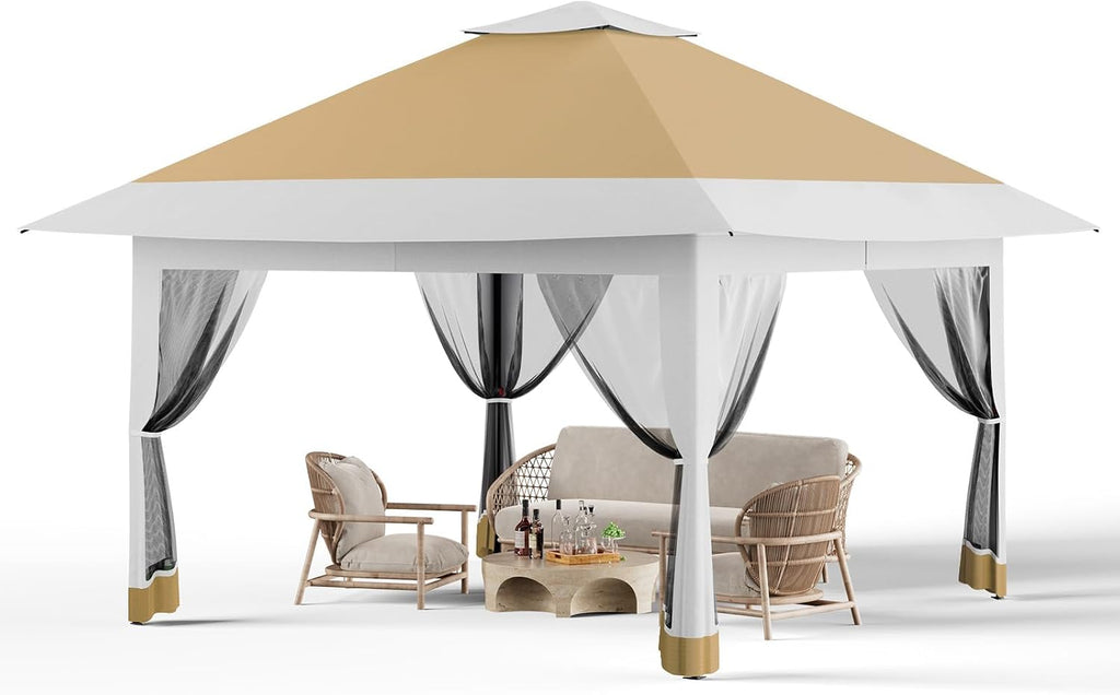 12x12 Pop Up Gazebo Outdoor Canopy Tent, Outdoor Gazebo with 4 Sandbags, Double Tiers & Mesh Netting for Lawn, Garden, Backyard & Patio Furniture Khaki