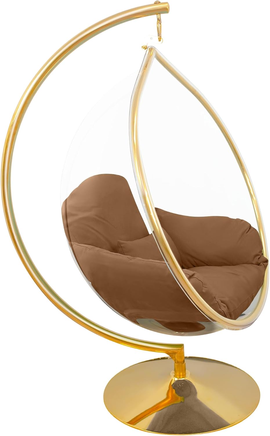 Hanging Chair - Transparent Acrylic Bubble, Waterdrop Shape, Indoor Swing Chair with Gold/Chrome Stand, Durable Fabric Cushion - Luxury Accent for Living Room, Bedroom (Gold/LightCoffee)