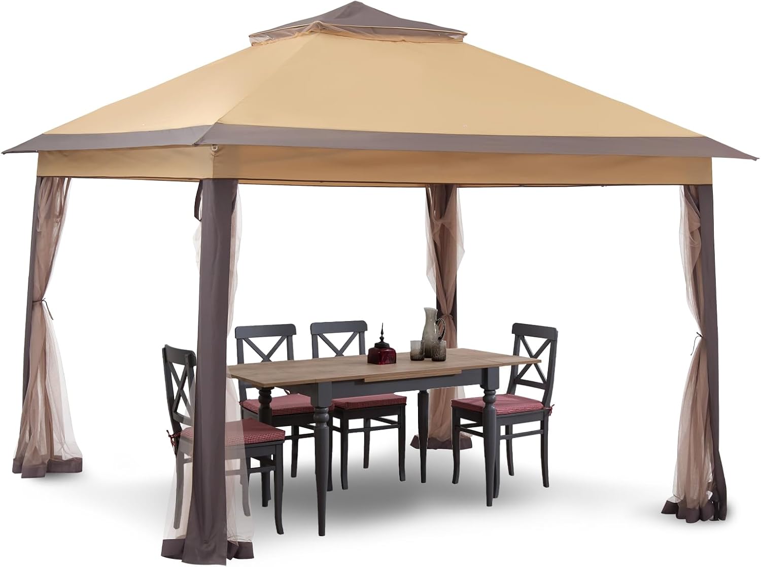 11x11 FT Gazebo Tent, Outdoor Tents for Parties with Mosquito Netting, Folding Heavy Duty Height Adjustable Canopy Tent for Patio Backyard Garden (Brown)