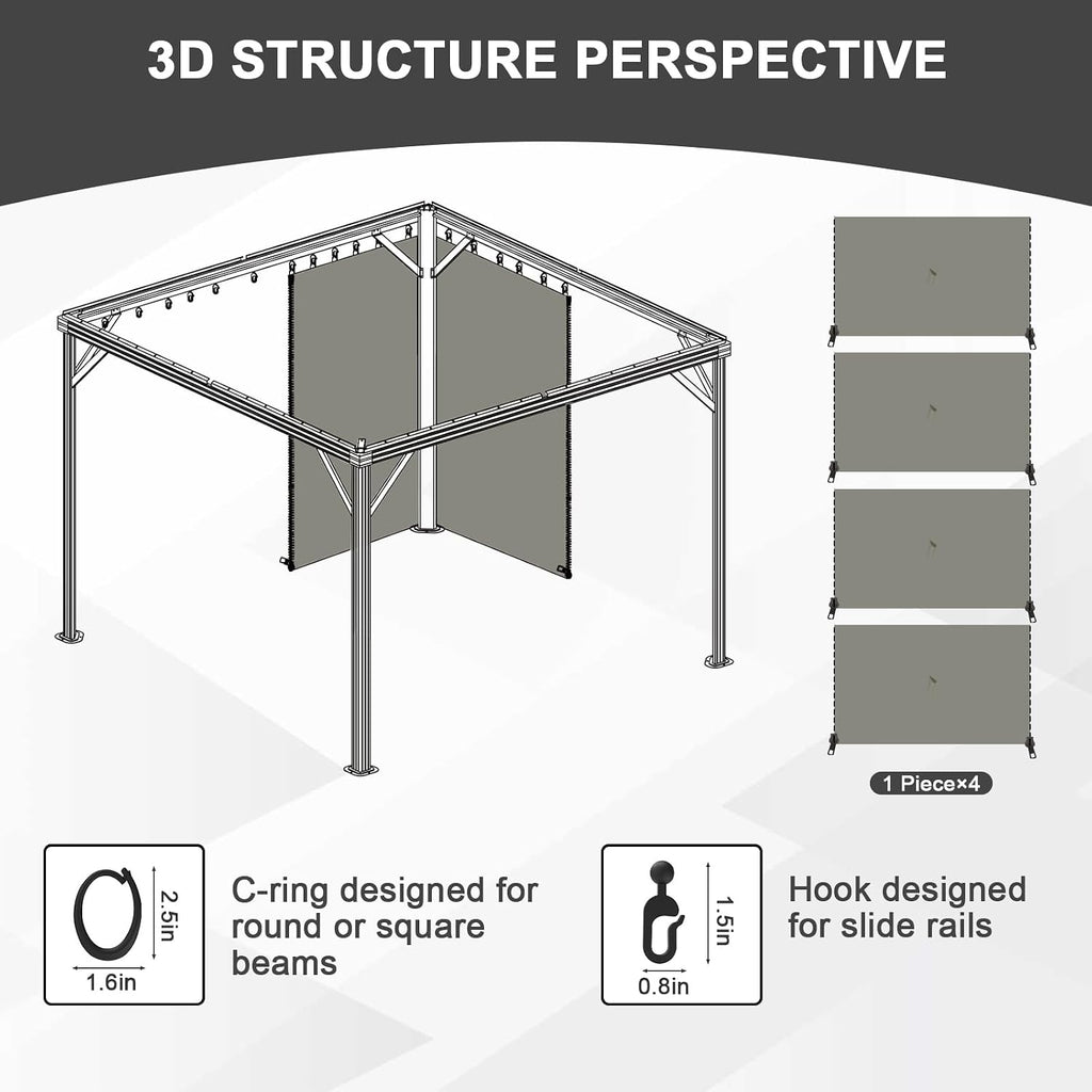 Aoodor 12x16 ft Outdoor Gazebo Curtains, 4 Panels Waterproof Privacy Sidewall Replacement with Zipper for Patio Pergola and Canopy, Gray