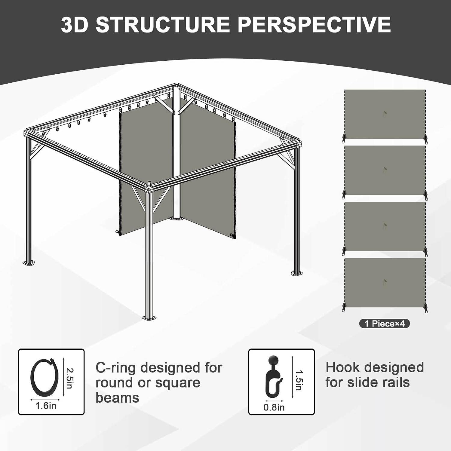 Aoodor 12x16 ft Outdoor Gazebo Curtains, 4 Panels Waterproof Privacy Sidewall Replacement with Zipper for Patio Pergola and Canopy, Gray