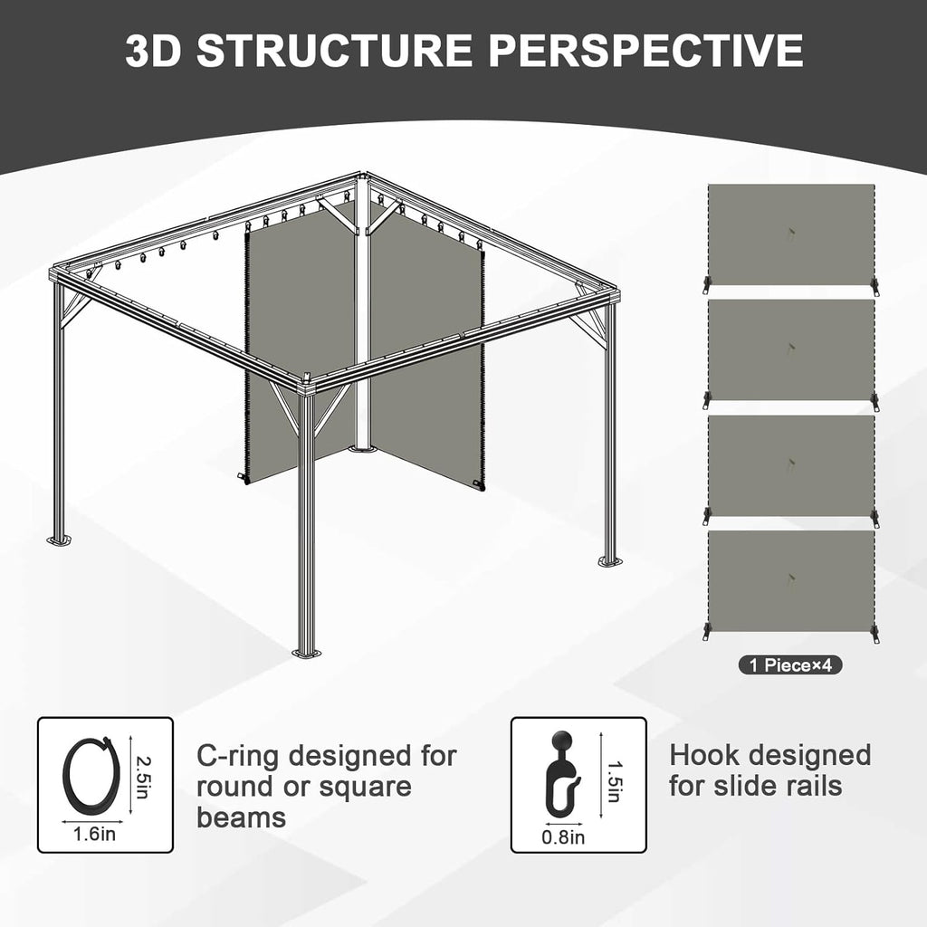 Aoodor 12x14 ft Outdoor Gazebo Curtains, 4 Panels Waterproof Privacy Sidewall Replacement with Zipper for Patio Pergola and Canopy, Gray