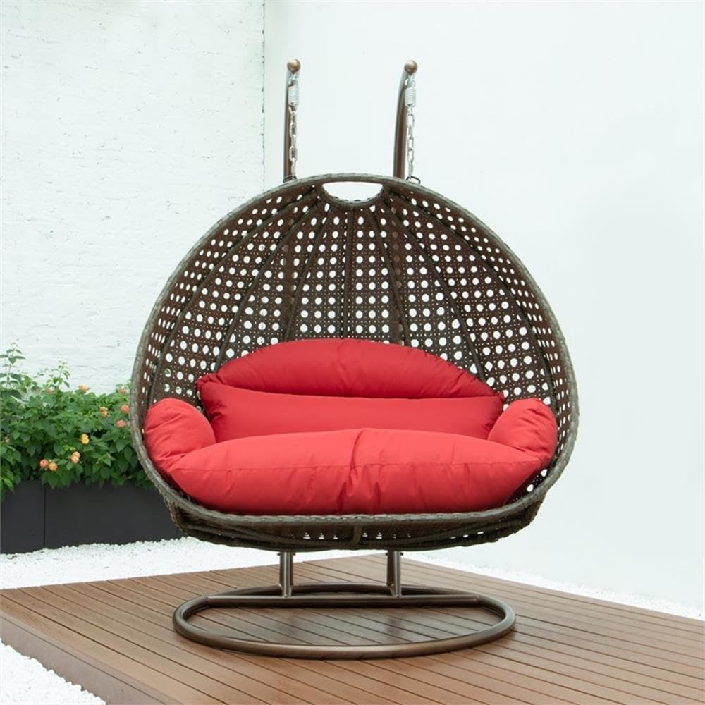 LeisureMod 2 Person Wicker Egg Chair Outdoor Indoor Bedroom Patio Hanging Lounge Swing Hammock Chairs with Beige Stand and UV Resistant Cushions (Red)