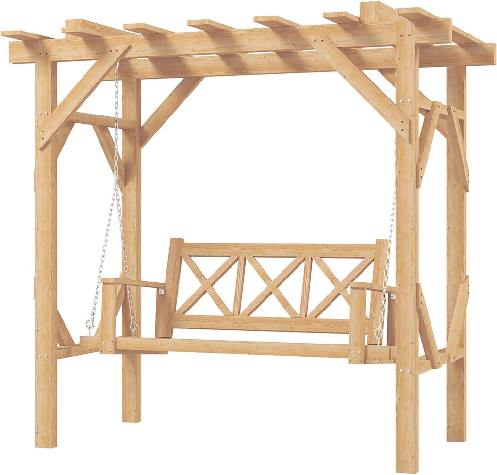 Aoxun Cedar Wood Outdoor Pergola Swing Bench, Porch Swing with Stand, 3-Seat Hammock Patio Swing Set with Canopy，Metal Chains for Backyard, Garden, Natural