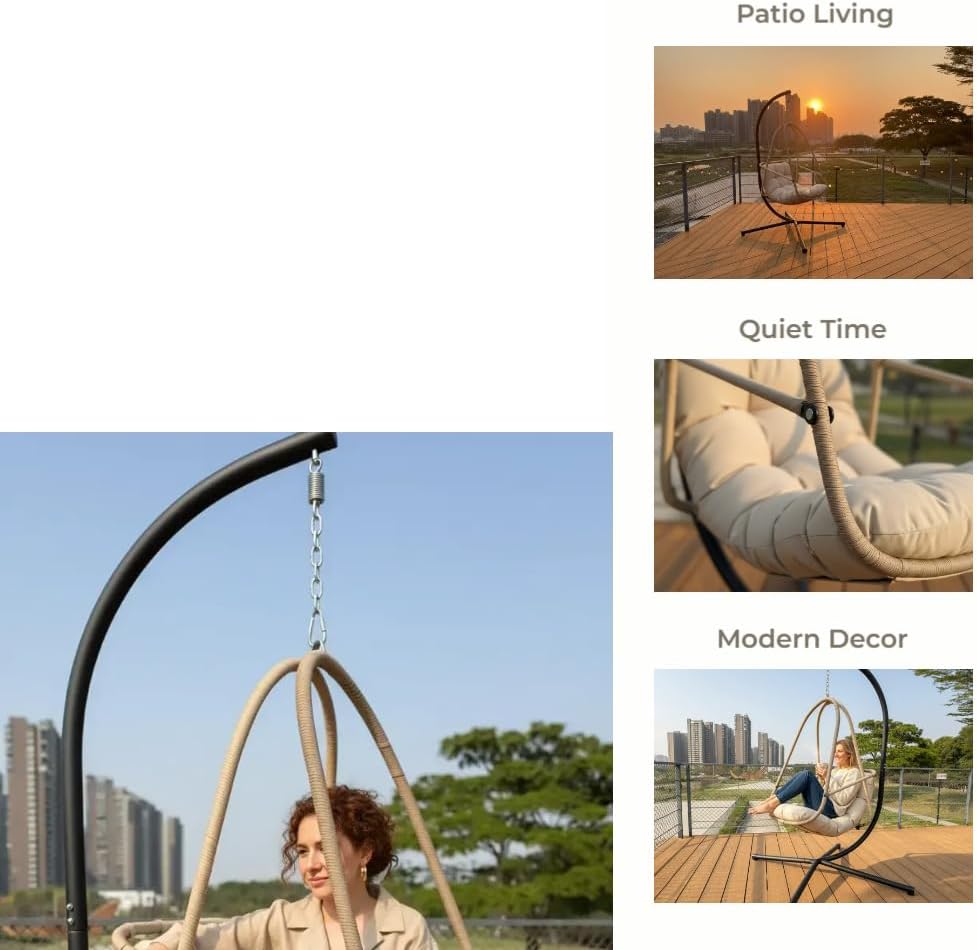 JESE Swing Egg Chair with Stand - UV Resistant & Waterproof Cushion Included, with Cup Holder - Indoor/Outdoor Hanging Hammock Chair Suitable for Patio, Bedroom, Balcony, Garden (Khaki)