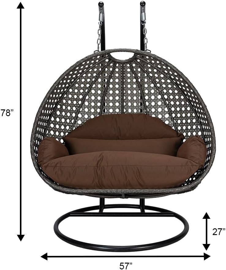 LeisureMod 2 Person Wicker Hanging Egg Chair with Stand & UV-Resistant Cushions for Indoor/Outdoor, Patio, Lounge, Hammock Seat, Brown